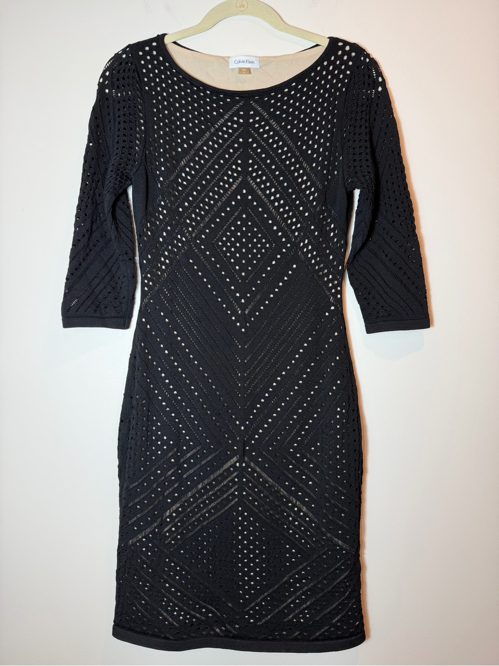 Calvin Klein Black Perforated Open Knit Sheath Dress Nude Lining 3/4 Sleeve Med